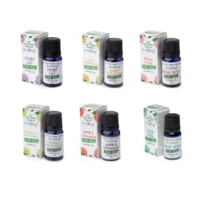 Set van 6 plantaardige geuroliën – Aloe Vera, Kaneel & Appel, Citronella, Koninklijke Roos, Zoete Wierook en Violette Lelie
